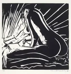 Warming and Reading 1981 by Brett Whiteley, 1981, linocut, sold Jun 2015