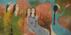 Boi Tran, Elegant in Hue (triptych), Lacquer on panel