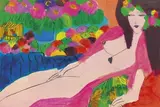 Reclining Nude with Flowers by Walasse Ting, Acrylic on paper mounted onto linen, sold Dec 2013