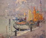 Jean Le Mayeur, Quai anime a Venise, Oil on panel