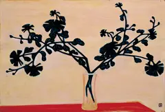 Sanyu, Chrysanthemums on the Red Table with Yellow Background, 1940, Oil on masonite
