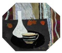 René Genis, Les Pàquerettes au vase noir, Oil on cardboard
