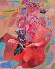 Michell Hwang, Red Woman with Black Cat, 1992, Oil on canvas