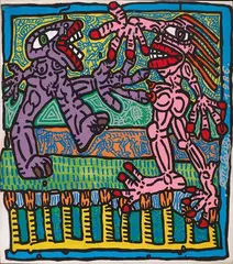 Robert Combas, Untitled, 1986, Acrylic on printed fabric on canvas