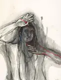 Face by Chiharu Shiota, 2018, crayon, watercolour and thread on paper, sold Jun 2022