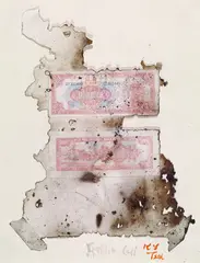 Golden Yuan Bills–Numinous Talismans by Cai Guo-Qiang, 2005, Gunpowder, ink, golden yuan bills, mounted on paper, sold Dec 2012