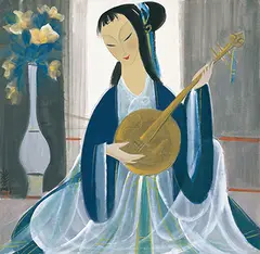 Lin Fengmian, Lady Playing Moon Guitar, 1950, Ink and color on paper