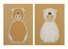 Waterbuck; White Bear (a set of 2) by Satoru Koizumi, Pencil, watercolor, acrylic on board, sold Dec 2022