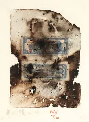 Golden Yuan Bills - Numinous Talismans by Cai Guo-Qiang, 2005, Gunpowder, ink, golden yuan bills, mounted on paper, sold Jun 2012