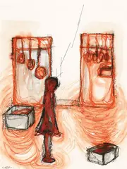 Two Boxes in the Room by Chiharu Shiota, 2016, Oil pastel and thread on paper, offered Jun 2023
