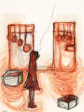 Chiharu Shiota, Two Boxes in the Room, 2016, Oil pastel and thread on paper