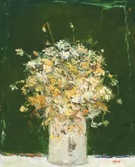 Michel Maly, Fleurs séchées au fond vert, Oil on canvas