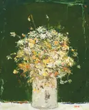 Michel Maly, Fleurs séchées au fond vert, Oil on canvas