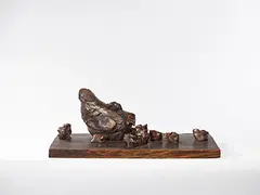 Hen and Chicks (Mother) by Ju Ming, 1976, Wooden sculpture; cinnamomum camphora and shorea spp. Pedestal, sold Jun 2017