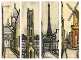 Bernard Buffet, Quatre vues de Paris - le Sacré Coeur, La Tour saint Jacques, la tour Eiffel et le moulin de La Galette (Paravant: a set of 4), 1967, Color lithograph on wove paper, varnished/chrome frame; edition no. 30/100
