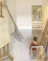 Femme assise dans l'atelier by Taï Hoi-Ying, 1981, Tempera and oil on canvas, sold Dec 2013
