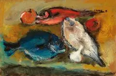 Pomfret by Chang Wan-chuan, 1970, Oil on cardbard, sold Jul 2021