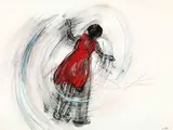 Red Dress by Chiharu Shiota, 2016, Oil Pastek and Thread on Paper, sold Jul 2021
