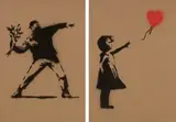 Banksy, Dismaland-Girl with Balloon &
Flower Bomber(a set of 2), 2015, Spray paint on cardboard; edition 28/100 (Girl with Balloon); 32/100 (Flower Bomber)