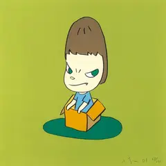 Girl in a Box by Yoshitomo Nara, 2001, Screenprint in colours, on wove paper, the full sheet, sold Nov 2025