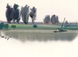 Tamsui River, Fishing Boat under Shadow of Trees by Shiy De-jinn, 1977, Watercolor on paper, sold Dec 2011