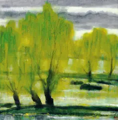 Lin Fengmian, Green Willows, West Lake, 1950-1960, Ink and color on paper