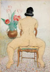 Pan Yuliang, Nude with Tulips, 1966, Ink and color on paper