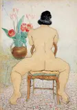 Pan Yuliang, Nude with Tulips, 1966, Ink and color on paper