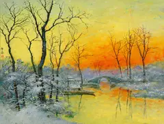 Yan Wenliang, Sun Rising in Snowscape, Oil on board