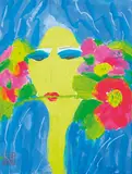 Blue-Haired Woman with Flowers in Mouth by Walasse Ting, Acrylic on ricepaper, sold Jun 2014