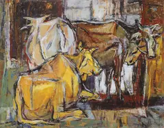 Chen Yin-Hui, Oxen, 1980, Oil on canvas