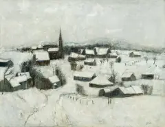 Bernard Gantner, Village sous la neige, Étobon, 1965, Oil on canvas