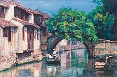 Chen Yifei, Zhou Village, Oil on canvas