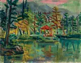 Liāu Kè-chhun, Lake Sisters in Ali Mountain, 1955, Oil on wooden board