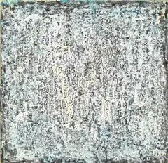 George Chann, White Calligraphy, 1970s, Oil, sumi and collage on paper, mounted on canvas