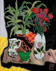 Pang Jiun, Red Flowers and Green Leaves on a Black Background, 1998, Oil on canvas