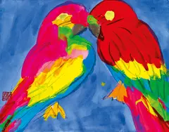 Parrots by Walasse Ting, 1990, Acrylic on paper, sold Nov 2011