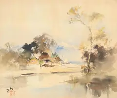 Ishikawa Kinichiro, Village, Ink and color on silk