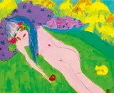 Reclining Nude by Walasse Ting, 1989, Acrylic on rice paper mounted <br />onto canvas, sold Jun 2012
