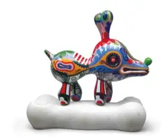 Bone with Dog by Hung Yi, 2009, Baking finish on steel plate, marble, sold Jun 2019