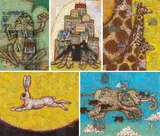 Yuji Kanamaru, House by the Water - Frog ;
Shell’s Downtown - Hermit Crab ;
Endless Life - Giraffe ; Rabbit ;
Quiet Continent - Elephant (a set of 5), 2014 ; 2017, Mixed media on board