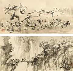 Ran In-ting, Duck Farmer ; Bamboo Raft Bridge 
(a set of 2), Ink on paper