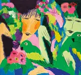 Walasse Ting, Ladies With Parrots and Flowers, Acrylic on paper mounted onto canvas