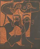 Grand tête de femme au chapeau orné by Pablo Picasso, Conceived in 1964, Terracotta plaque, partially engraved, with black engobe, ed. 39/50, sold Dec 2021