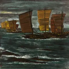 Lin Fengmian, Fishing Boats, Ink and color on paper