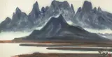 Shiy De-jinn, Jioujiou Peaks, Caotun, 1980, Mounted scroll, ink and color on paper