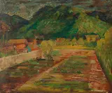 Lee Shih-chiao, Lilies and Wufeng Landscape (double-sided), 1958, Oil on wooden board