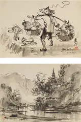 Carring Friunt to the Market /Shadow of Ancient Temple by Ran In-ting, 1950s, Ink on paper, sold Jun 2022