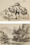 Ran In-ting, Carring Friunt to the Market /Shadow of Ancient Temple, 1950s, Ink on paper