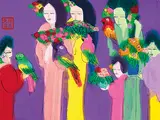 Woman with Parrots and Flowers by Walasse Ting, Acrylic on ricepaper, sold Jun 2017